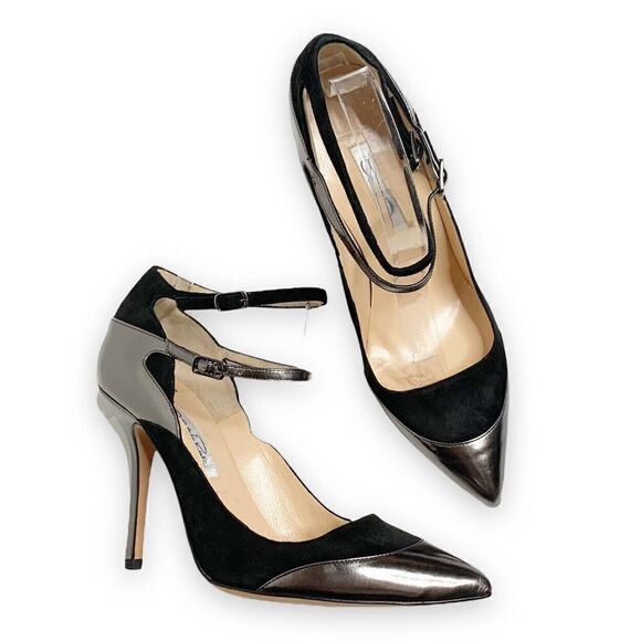 Oscar de la Renta Black Suede Metallic Leather Strap Pumps Women’s Size 37 / 6.5 - Picture 1 of 9